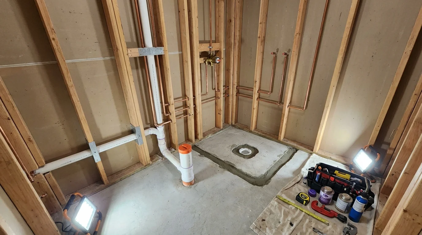 Bathroom rough-in plumbing during remodel by Johns Plumbing LLC in Nocona