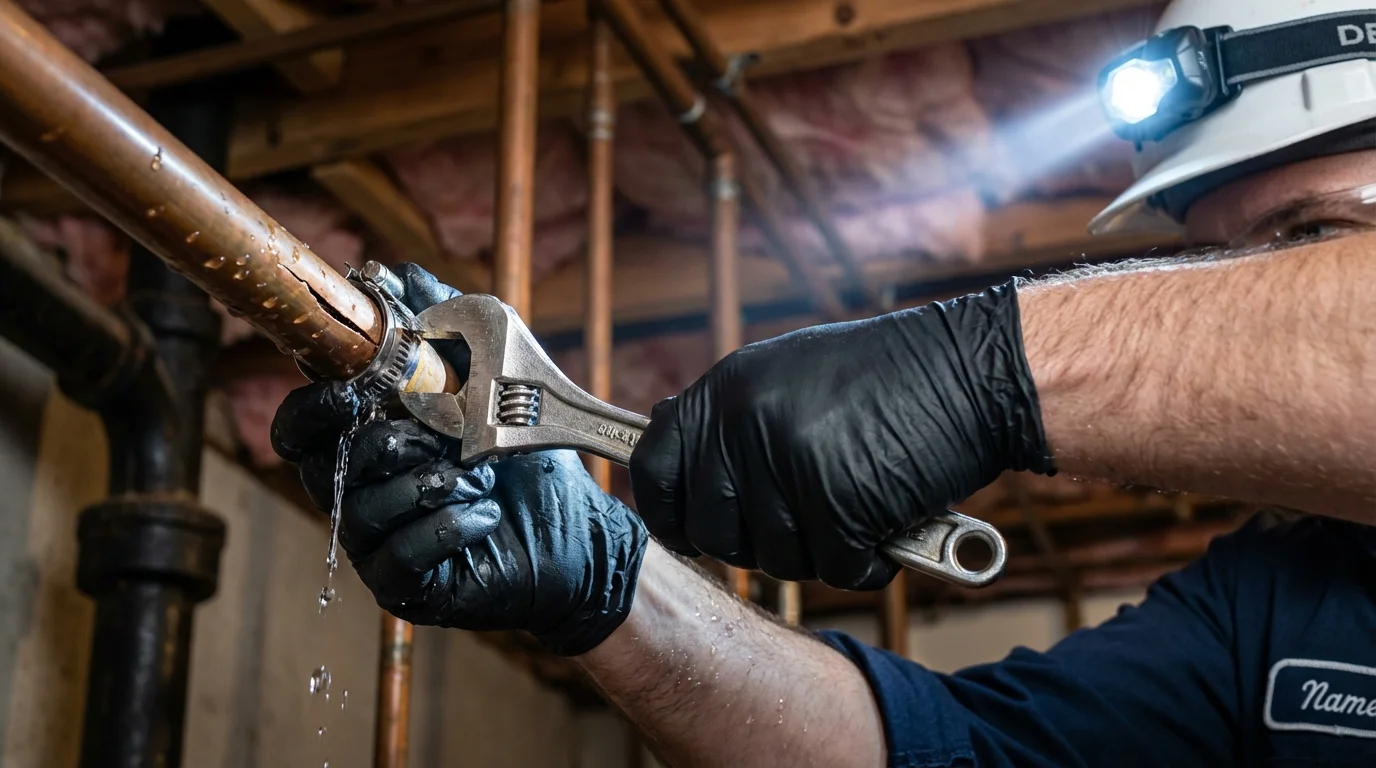 Emergency pipe clamp repair being performed by a Johns Plumbing LLC plumber in Nocona