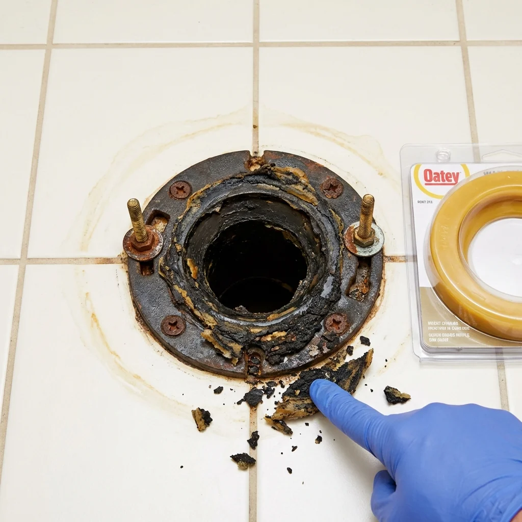 Failed wax ring showing water seepage at the base of a toilet in a Nocona, TX home